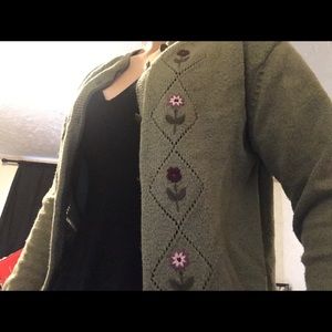 Embroidered & Knit Green Floral Button-Up Sweater